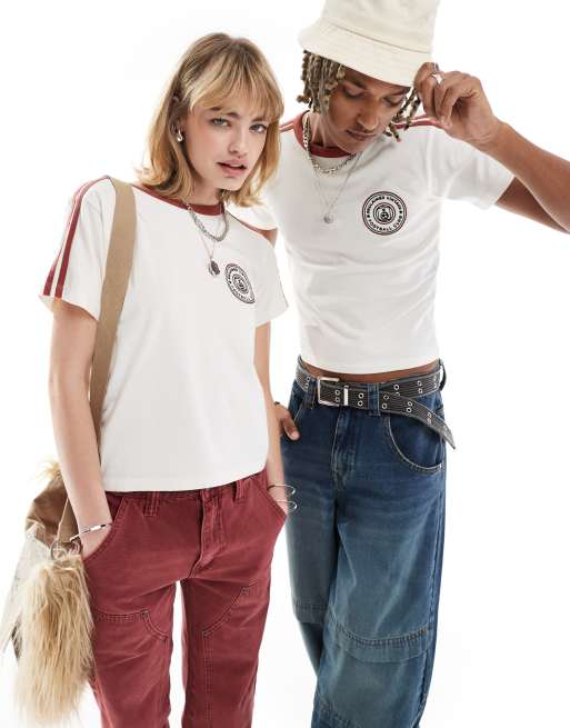 Reclaimed Vintage - Uniseks cropped smal voetbalshirt met strepen in wit