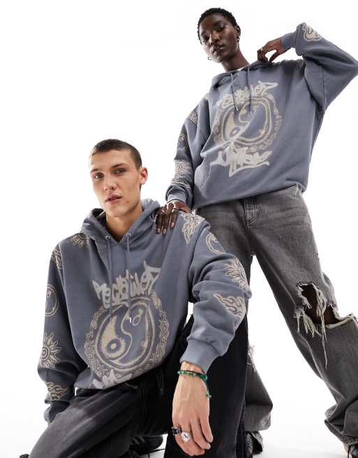 Reclaimed Vintage - Uniseks hoodie met yin yang-print in zwart met wassing 