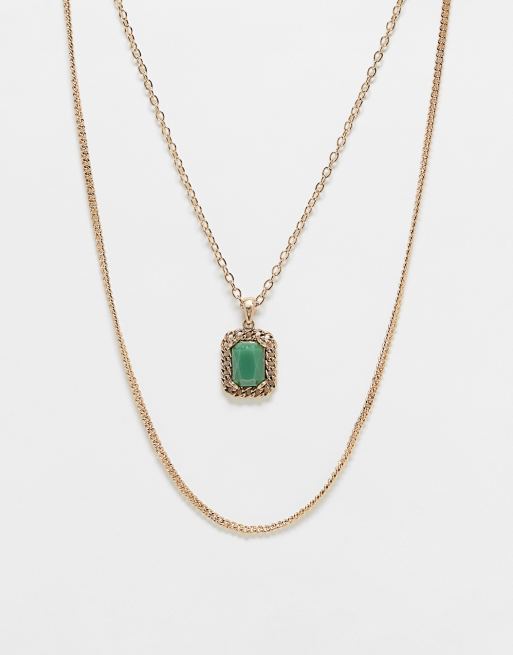 Reclaimed Vintage - Uniseks ketting met 2 lagen en groene imitatiesteen in goud