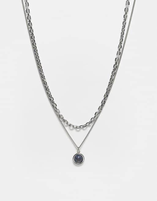 Reclaimed Vintage - Uniseks ketting met 2 rijen en blauw imitatiesteentje in zilver