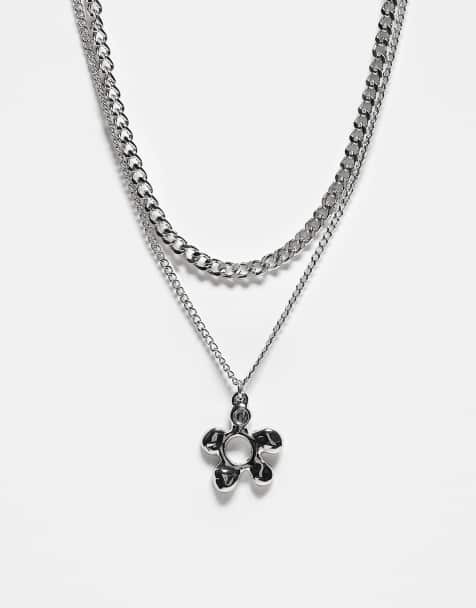 Reclaimed Vintage - Uniseks ketting met 2 rijen en bloemenhangertje in zilver - view 1