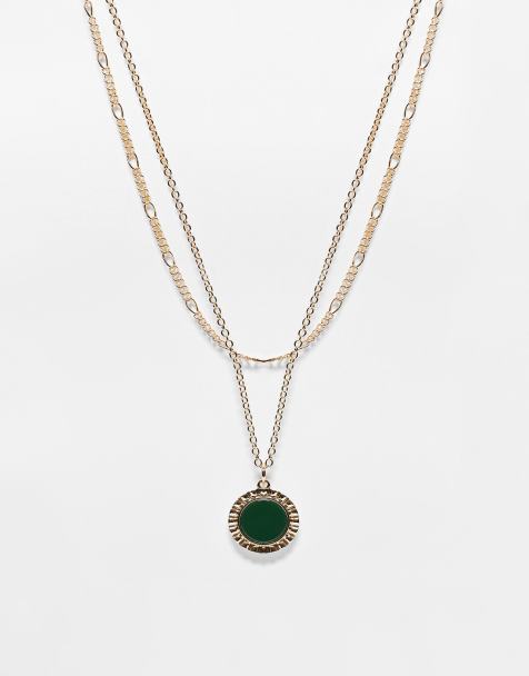 Reclaimed Vintage - Uniseks ketting met 2 rijen en groene steen in goud - view 1