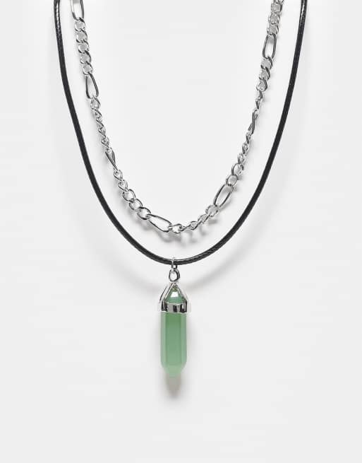 Reclaimed Vintage - Uniseks ketting met 2 rijen en hangertje met imitatiesteentje in groen