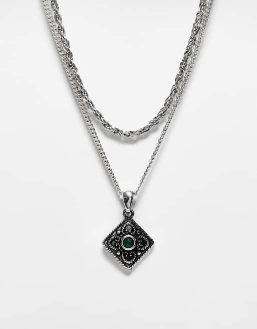 Reclaimed Vintage - Uniseks ketting met 2 rijen en hangertje met steentje in groen
