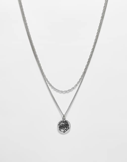 Reclaimed Vintage - Uniseks ketting met 2 rijen en hangertje met steentje in zilver