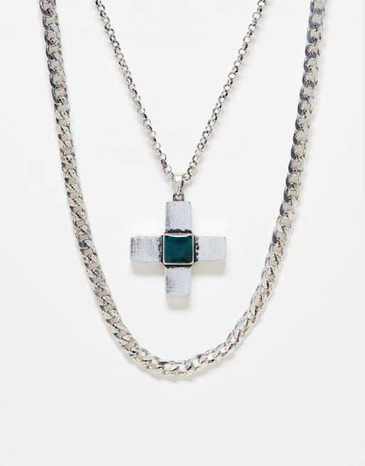 Reclaimed Vintage - Uniseks ketting met 2 rijen en vierkant kruis in gepolijst zilver
