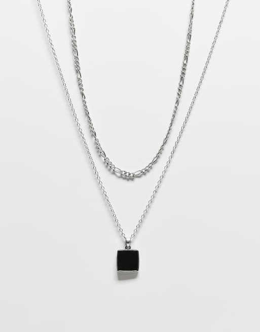 Reclaimed Vintage - Uniseks ketting met 2 rijen met hangertje met zwart siersteentje in zilver