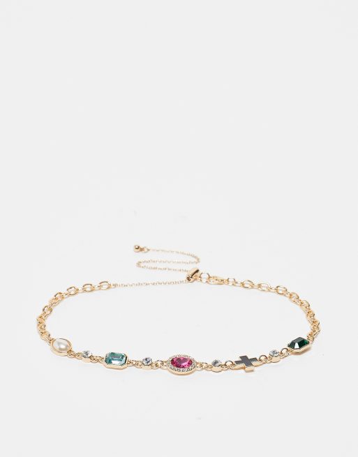 Reclaimed Vintage - Uniseks ketting met gekleurde steentjes in goud
