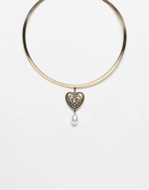 Reclaimed Vintage - Uniseks ketting met hartvormig hangertje met parel in goud