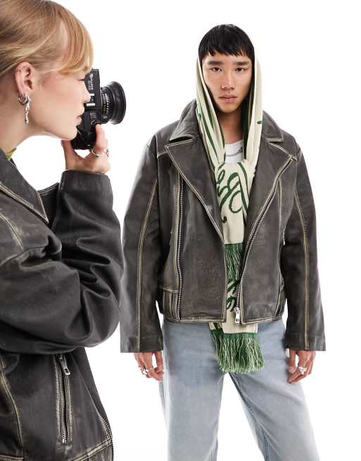Reclaimed Vintage - Uniseks leren bikerjack met wassing