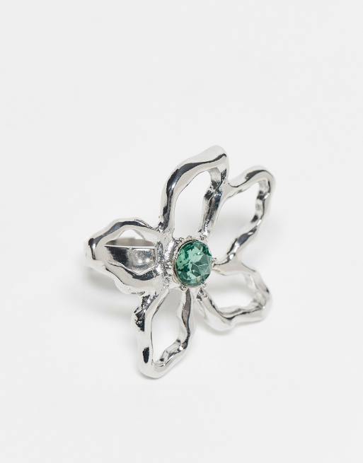 Reclaimed Vintage - Uniseks oversized ring met bloemontwerp en groene steen