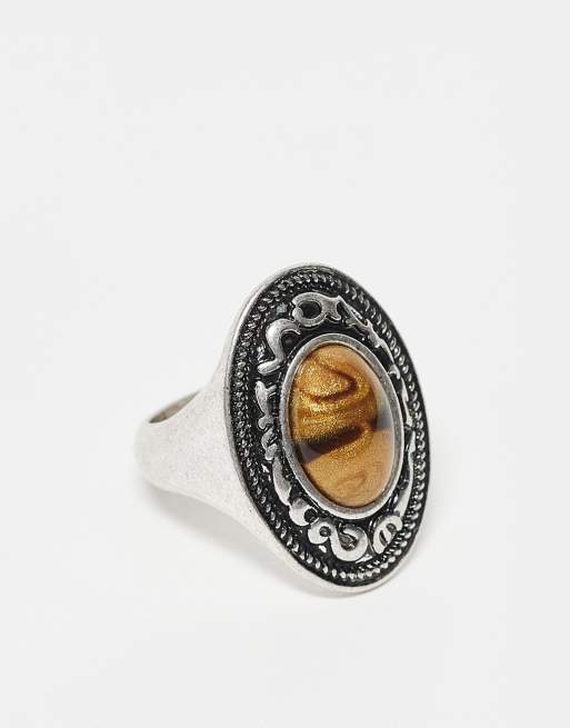 Reclaimed Vintage - Uniseks oversized ring met siersteen in gepolijste zilverkleur