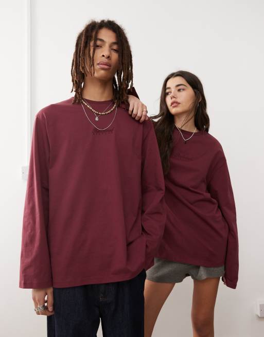 Reclaimed Vintage - Uniseks oversized skater-T-shirt met lange mouwen in bordeauxrood met wassing