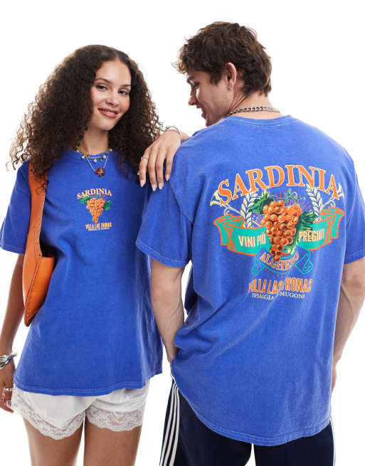 Reclaimed Vintage - Uniseks - Oversized T-shirt met Sardinia-print op de achterkant in blauw