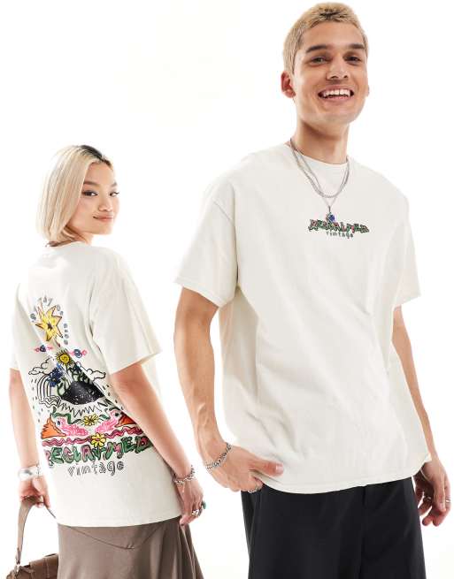 Reclaimed Vintage - Uniseks oversized T-shirt met tekeningprint op de achterkant in stone met wassing