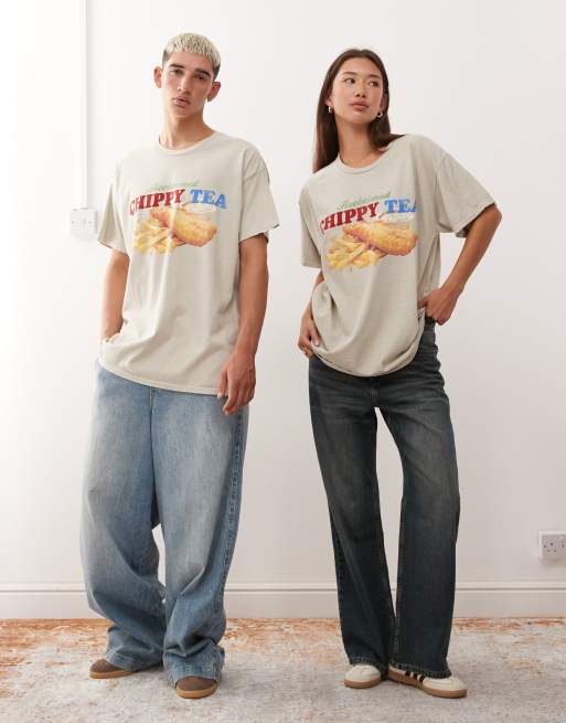 Reclaimed Vintage - Uniseks oversized T-shirt met voedselprint in stone, 4 van 4