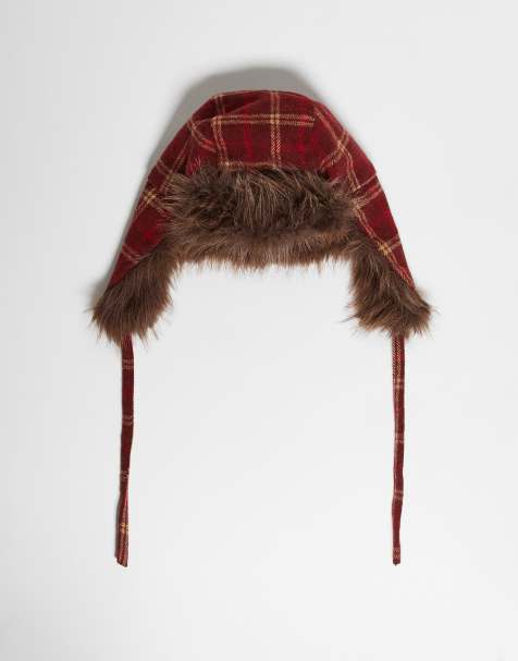 Reclaimed Vintage - Uniseks rood geruite muts met bruin imitatiebont - view 1