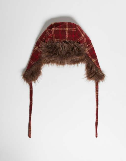 Reclaimed Vintage - Uniseks rood geruite muts met bruin imitatiebont