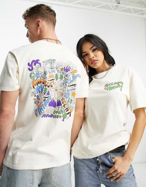 Reclaimed Vintage - Uniseks - Skater T-shirt met tekeningenprint op de achterkant in ecru