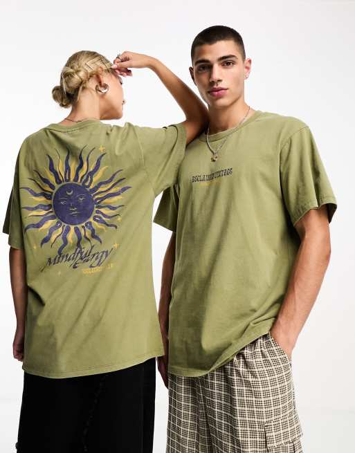 Reclaimed Vintage - Uniseks T-shirt met hemelse print in kaki  