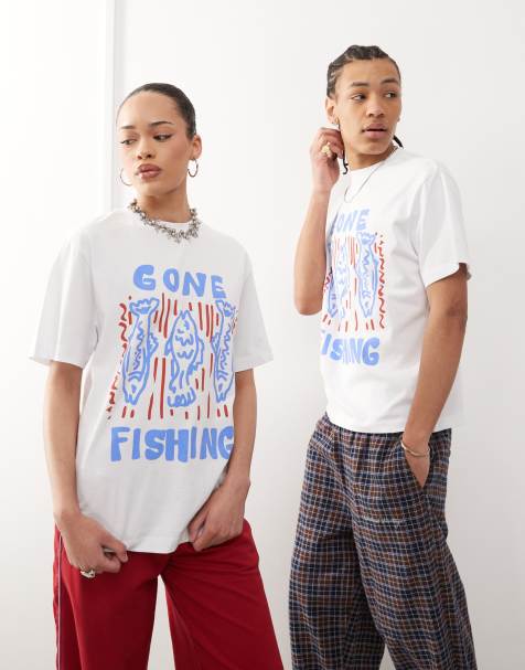 Reclaimed Vintage - Uniseks T-shirt met vissersprint in wit - view 1