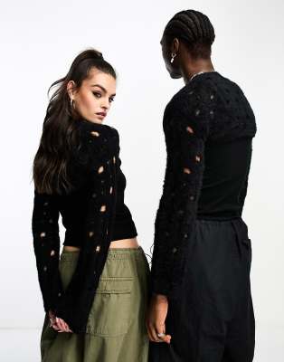 Reclaimed Vintage unisex 2 in 1 knit fluffy distressed shrug and tank top in black-Neutral
