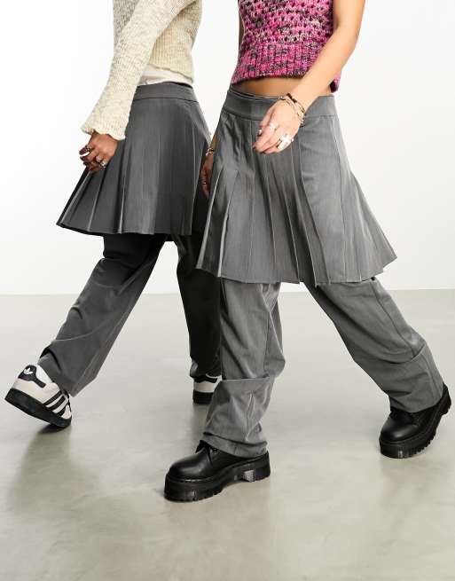 Reclaimed Vintage unisex 2-in-1 pleated skirt over pants in gray