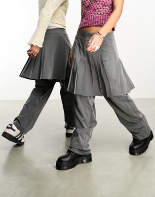 Reclaimed Vintage unisex 2 in 1 pleated skirt over trousers in grey - ASOS Price Checker