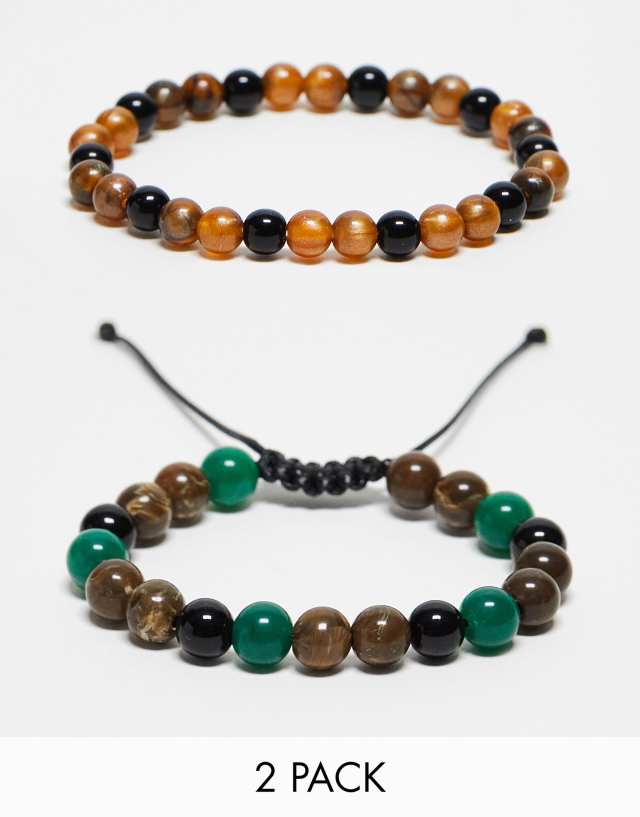 Reclaimed Vintage unisex 2 pack beaded bracelet in multicolor