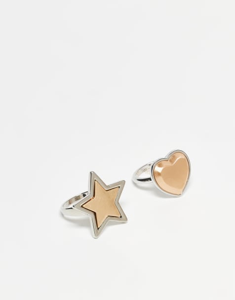 Reclaimed Vintage unisex 2-pack heart and star signet rings in gold and silver - view 1