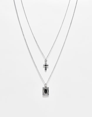 Reclaimed Vintage - Unisex - 2-reihige Halskette mit eckigem und Kreuz-Anhänger-Silber