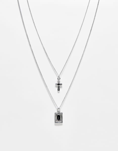 Reclaimed Vintage – Unisex – 2-reihige Halskette mit eckigem und Kreuz-Anhänger - view 1