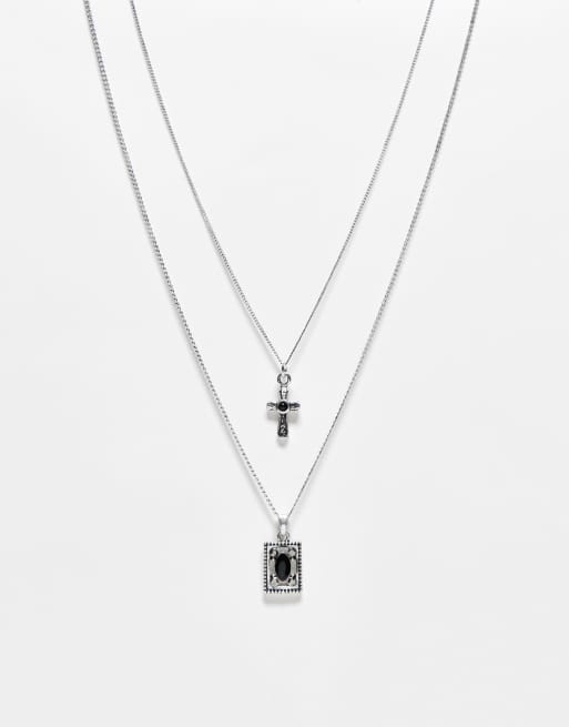 Reclaimed Vintage – Unisex – 2-reihige Halskette mit eckigem und Kreuz-Anhänger