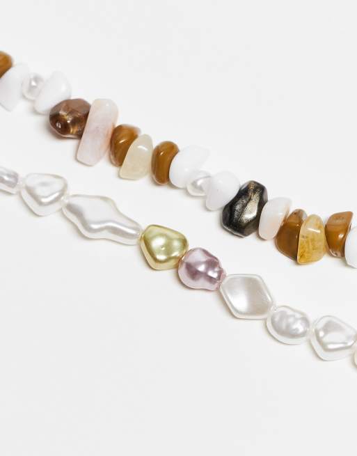 Reclaimed Vintage Unisex 2 row beaded necklace in brown and white, 2 of 3