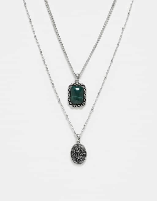 Reclaimed Vintage Unisex 2 row chain neckalce with green faux stone pendant in silver tone
