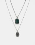 [Reclaimed Vintage] Reclaimed Vintage unisex 2 row chain necklace with faux green stone pendant in silver One Size silver