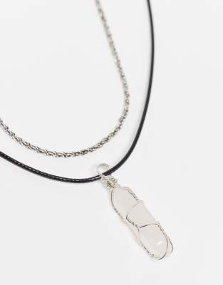 Reclaimed Vintage Unisex 2 Row Cord Necklace With Faux Stone In Multi