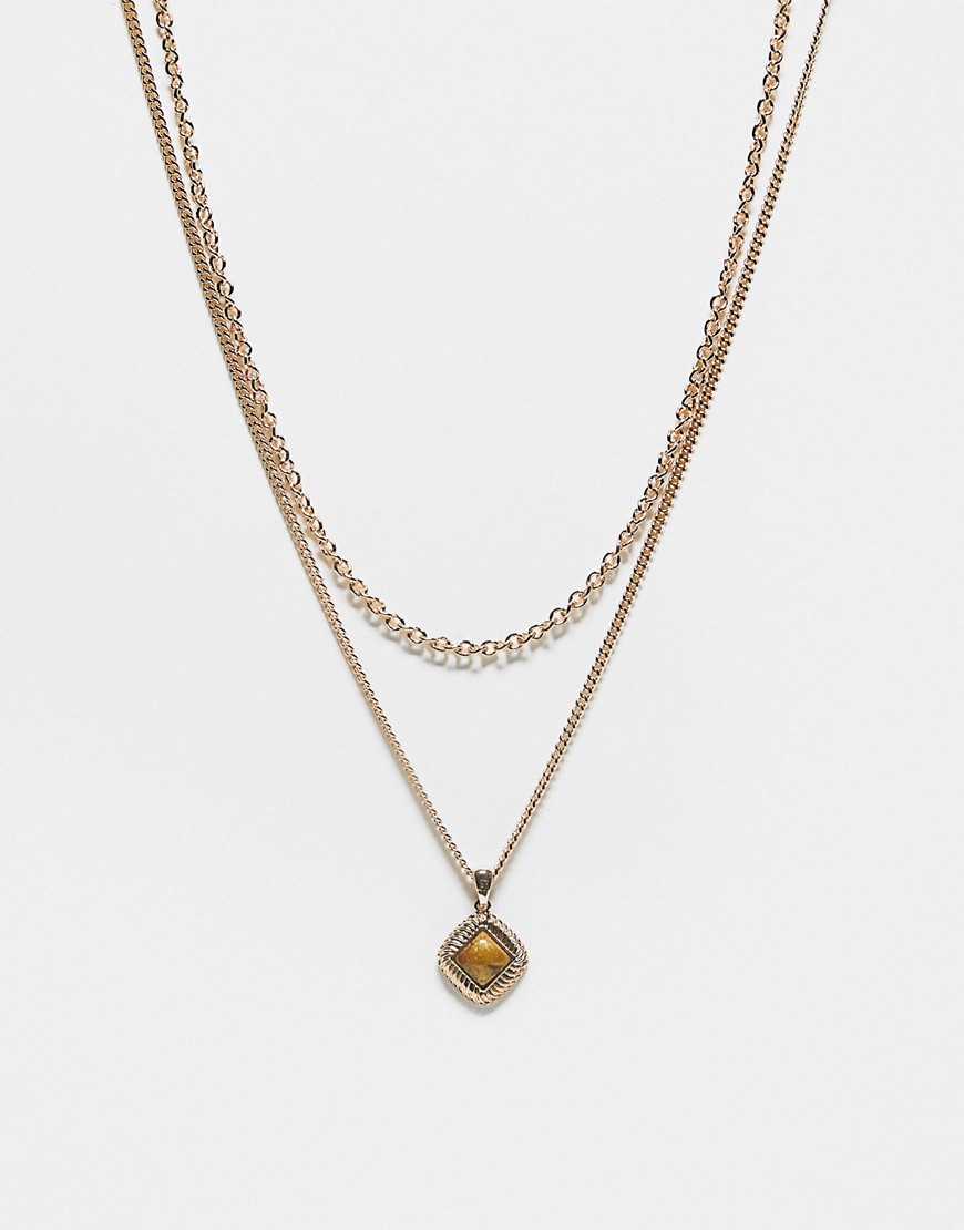 Reclaimed Vintage unisex 2 row neck chain with faux stone in gold