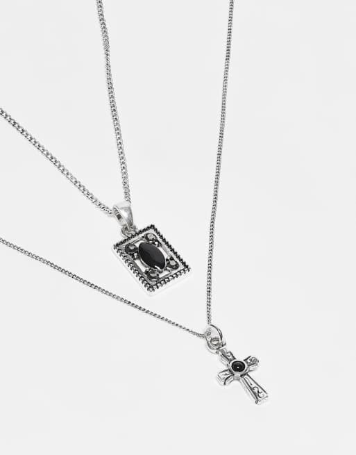 Reclaimed Vintage unisex 2 row necklace cross and square pendant, 2 of 3