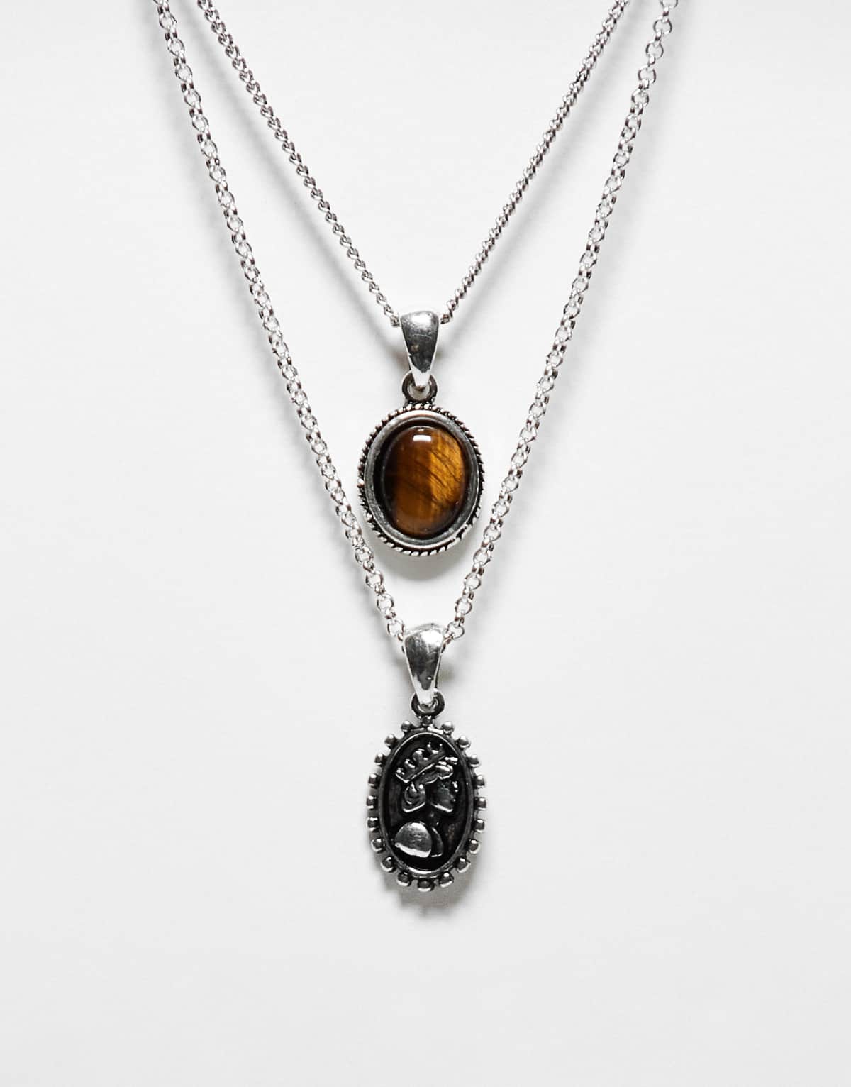 Reclaimed Vintage unisex 2 row necklace with brown stone in silver