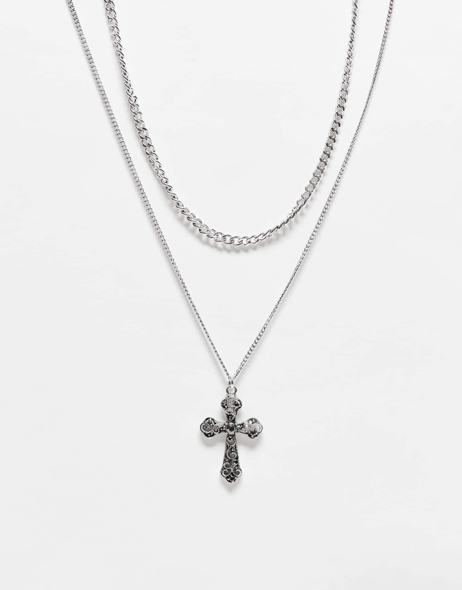 Восстановленное винтажное ожерелье унисекс в 2 ряда с крестом из полированного серебра