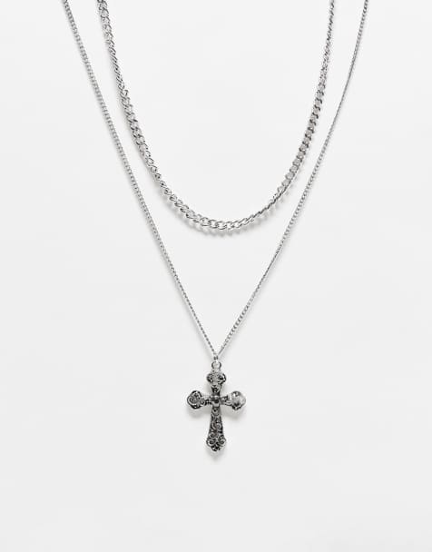 Reclaimed Vintage unisex 2 row necklace with cross in burnished silver - view 1