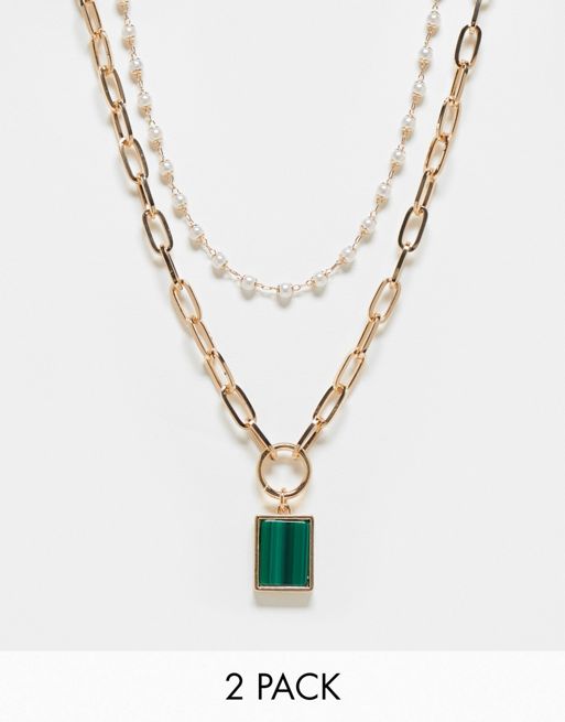 Reclaimed Vintage unisex 2 row necklace with emerald pendant in gold