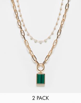 Reclaimed Vintage unisex 2 row necklace with emerald pendant in gold