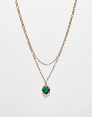Reclaimed Vintage Reclaimed Vintage unisex 2 row necklace with emerald stone in gold