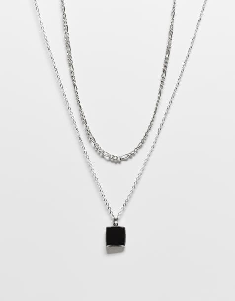 Reclaimed Vintage unisex 2 row necklace with faux black stone pendant in silver - view 1