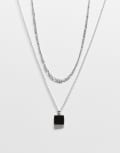 [Reclaimed Vintage] Reclaimed Vintage unisex 2 row necklace with faux black stone pendant in silver One Size Silver