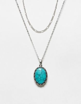Reclaimed Vintage unisex 2 row necklace with faux blue stone in silver