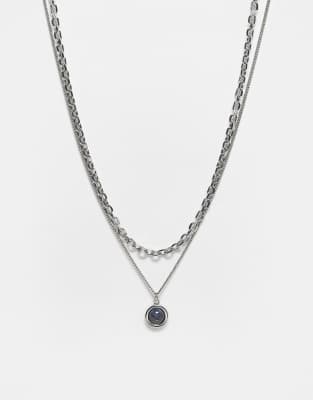 Reclaimed Vintage Unisex 2 Row Necklace With Faux Blue Stone