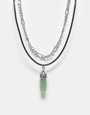 Reclaimed Vintage Unisex 2 Row Necklace With Faux Green Gem-multi